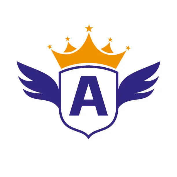 Vector illustration of Letter A Transportation Logo With Wing, Shield And Crown Icon. Wing Logo On Shield Symbol