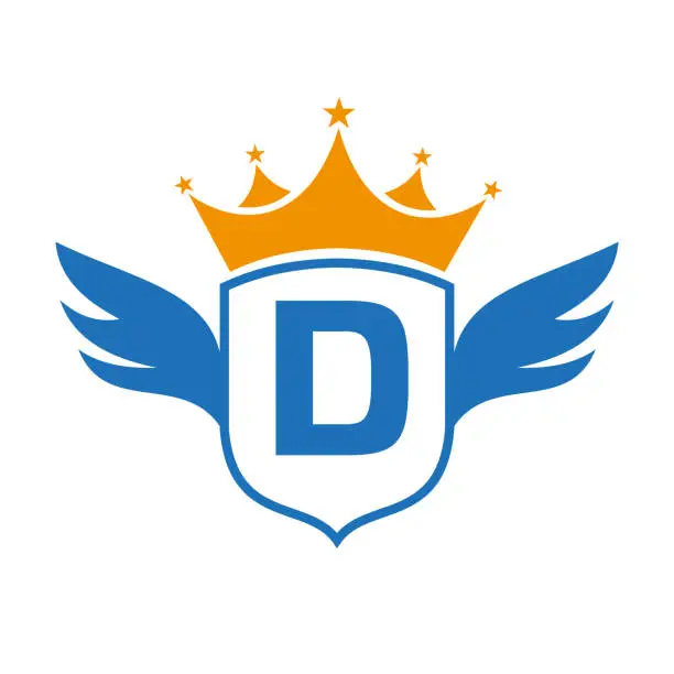 Vector illustration of Letter D Transportation Logo With Wing, Shield And Crown Icon. Wing Logo On Shield Symbol