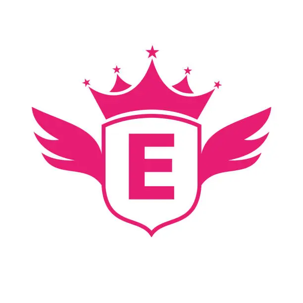 Vector illustration of Letter E Transportation Logo With Wing, Shield And Crown Icon. Wing Logo On Shield Symbol