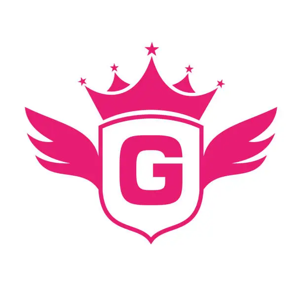 Vector illustration of Letter G Transportation Logo With Wing, Shield And Crown Icon. Wing Logo On Shield Symbol