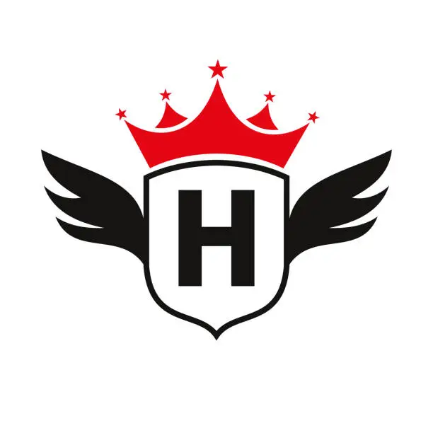 Vector illustration of Letter H Transportation Logo With Wing, Shield And Crown Icon. Wing Logo On Shield Symbol
