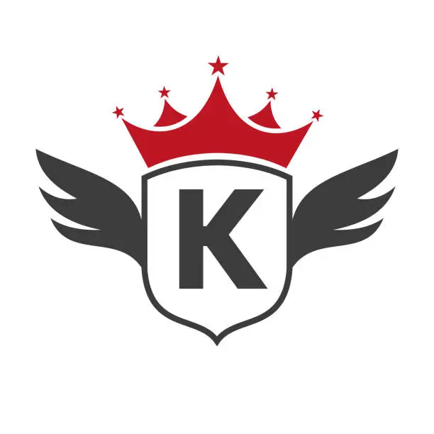 Vector illustration of Letter K Transportation Logo With Wing, Shield And Crown Icon. Wing Logo On Shield Symbol