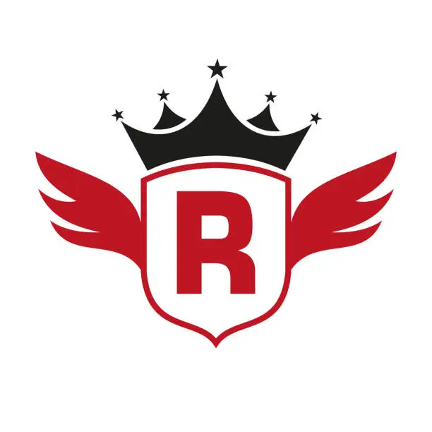 Vector illustration of Letter R Transportation Logo With Wing, Shield And Crown Icon. Wing Logo On Shield Symbol