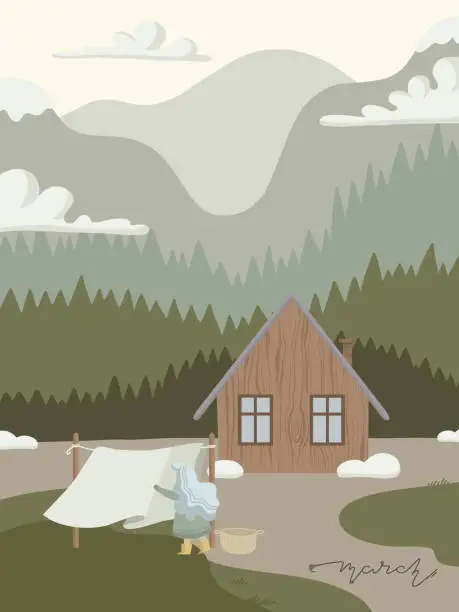 Vector illustration of Woman dries linen outside on wooden shack and mountains view vector illustration for calendar. March lettering