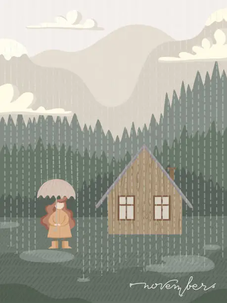 Vector illustration of Raining vector illustration with girl and umbrella. Mountain cabin and November lettering