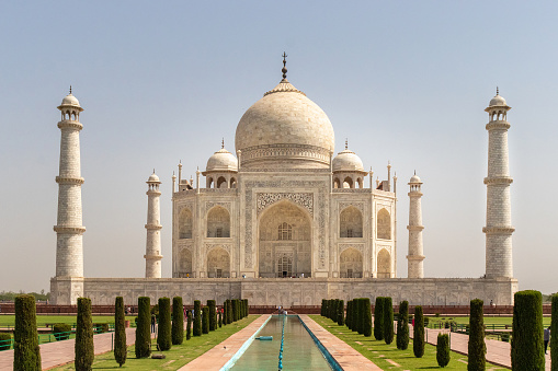 A majestic Tajmahal, one of the world's seven wonders is viewed along with its lush green garden. A clear blue sky adds magnificence to the white marble of the beautiful architectural structure.