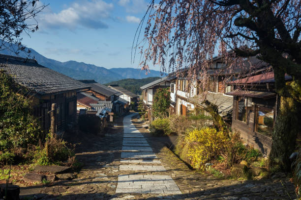 istock Magome juku post town with cherry tree in morning, Kiso valley 1640437008