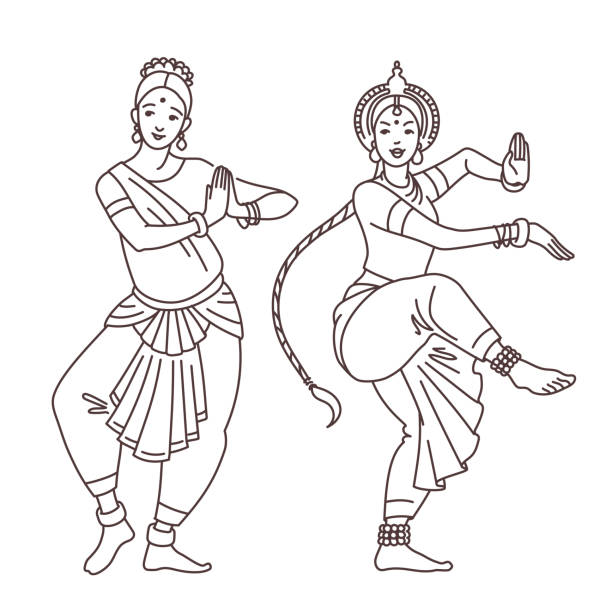 indyjscy tancerze w tradycyjnych strojach - bharata natyam illustrations stock illustrations