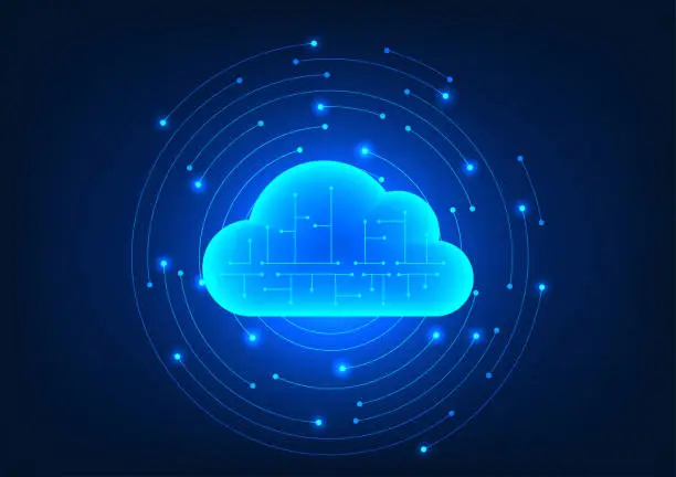 Vector illustration of Cloud technology Inside there are technology circuits with interesting elements. Refers to cloud technology that can be used to store data via the Internet and share data with others.