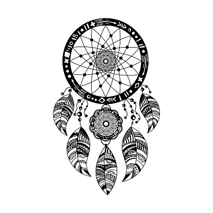 Dream catcher with bird feathers, black line vector illustration isolated on white background. Ethnic Indian amulet in the boho style. Tattoo stencil and mehndi