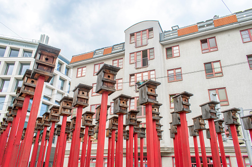 Vienna, Austria 10 Aug 2023: Josef Bernhardt's evolving series since 2004urban installations resembling nesting boxes, offering an ironic yet emotional perspective on humanity's impact on nature.