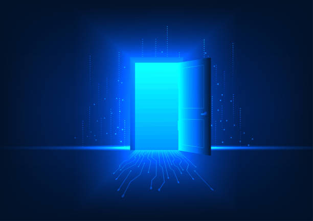 istock Technology background Gateway to the world of technology that accesses information and communication The front door is a circuit of technology with attractive striped elements. 1640516694