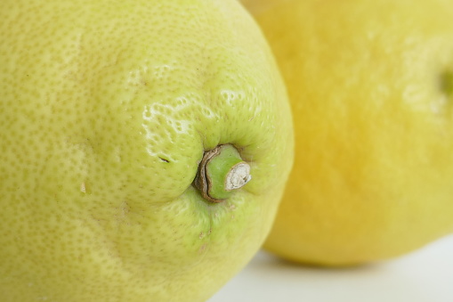 Close up details of lemons in a white space
