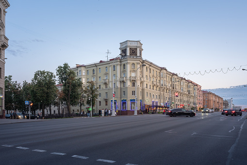Minsk, Belarus - Aug 02, 2019: Building with Clock Tower at Independence Avenue - Minsk, Belarus