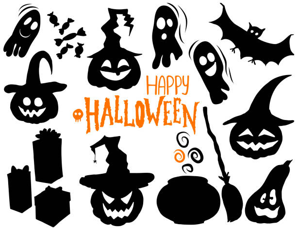 ilustrações de stock, clip art, desenhos animados e ícones de halloween set - pumpkin in a witch hat, gift, bat, ghost, broom, cauldron. lettering happy halloween. vector illustration. template for banner, poster, flyer, greeting card. - witch halloween cauldron bat
