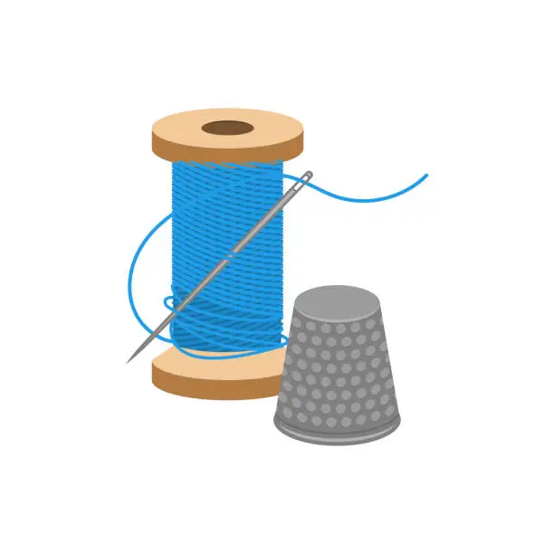 Vector illustration of Spool of thread, needle and thimble flat vector illustration