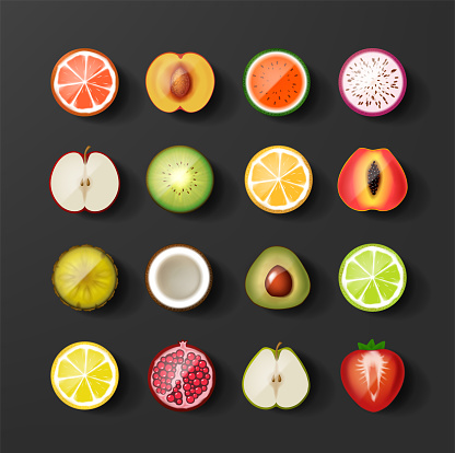 Set of fruit icon halves. Watermelon, lemon, apple, strawberry, peach, avocado, kiwi, orange. Icons.