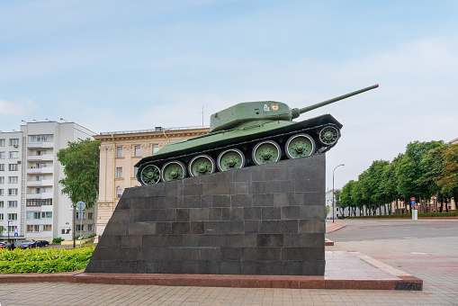 Minsk, Belarus - Aug 01, 2019: Soviet T-34-85 Tank Monument - Minsk, Belarus