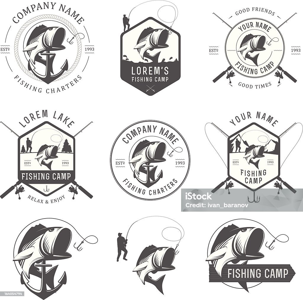 Vector fishing labels and badges Set of vintage fishing labels, badges and design elements. Fishing stock vector