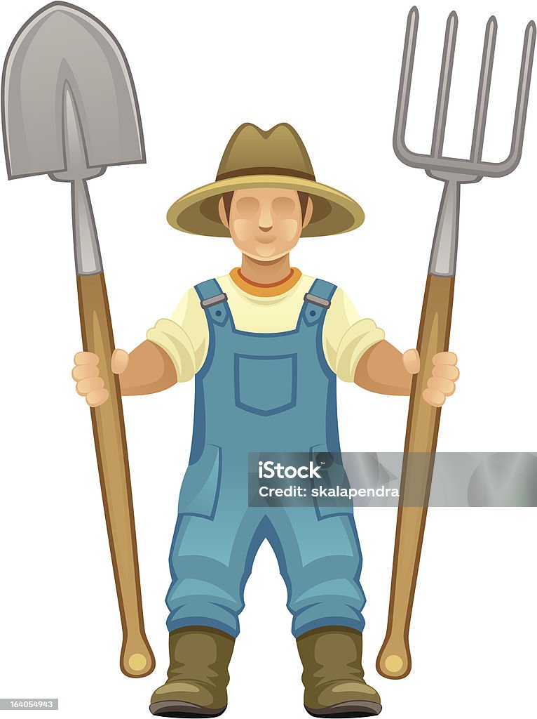 Farmer Farmer with spade and pitchfork on a white background Holding stock vector