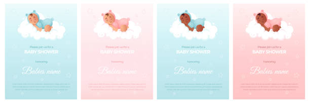 illustrazioni stock, clip art, cartoni animati e icone di tendenza di set di inviti per feste per baby shower. - baby shower invitation its a girl greeting card