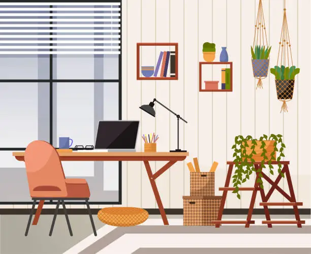 Vector illustration of Home office. Work from home. Home office is dedicated space for professional growth and development Furniture in