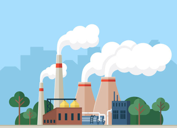 kontamination der luft mit rauch durch fabrikanlagen und industrien. rohre, die der natur durch smog schaden - factory pollution smoke cartoon stock-grafiken, -clipart, -cartoons und -symbole