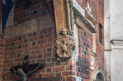 Krakow, Poland - Oct 27, 2019: Detail with Kingdom of Poland Coat of arms at St. Barbara Church - Krakow, Poland