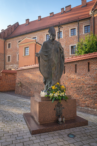 Krakow, Poland - Oct 26, 2019: Pope John Paul II Statue at Wawel Castle - Krakow, Poland