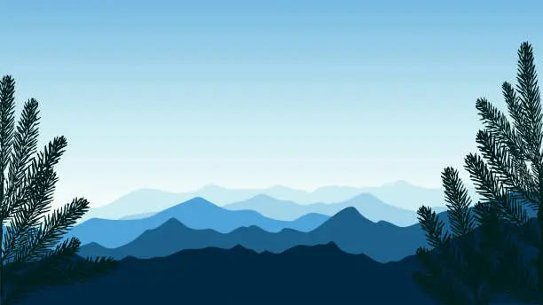 Vector illustration of Mountain landscape background. Panoramic image of mountain silhouettes. Fir trees in the foreground.