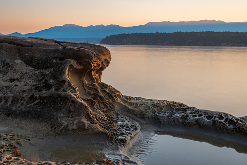 Late afternoon glow on the unique rock formations along the shores near Ford's Cove on Hornby Island, BC.