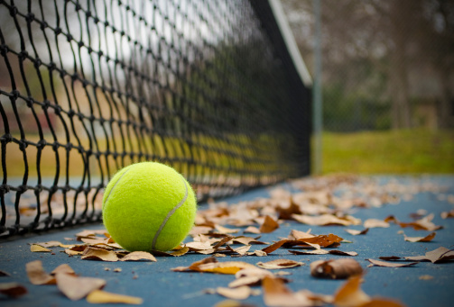 Tennis ball on the court close to net
