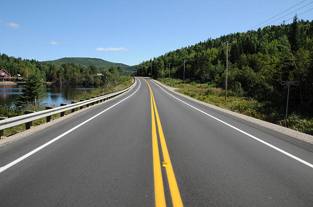 Rural road: Close-up of asphalt road with double yellow line at low angle