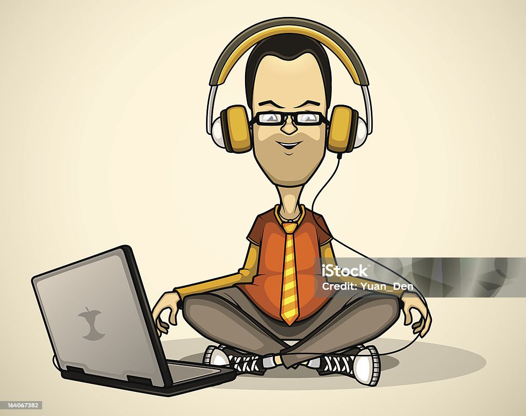 Utilizador em Camisa cor-de-laranja e auscultadores com um computador portátil meditates - Royalty-free Computador Portátil arte vetorial