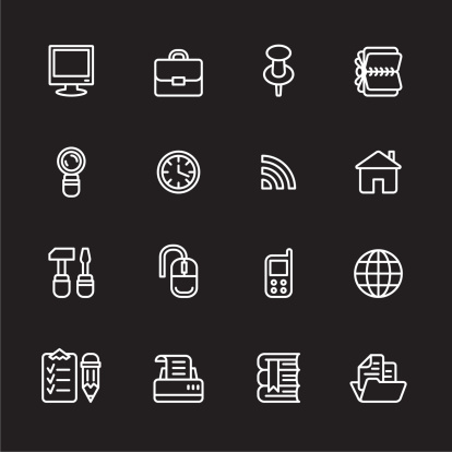 sixteen white outline computer icons isolated on black