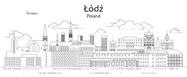 Vector illustration of Lodz cityscape line art vector illustration