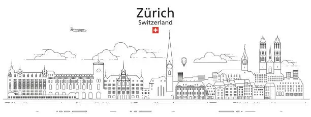 Vector illustration of Zurich cityscape line art vector illustration