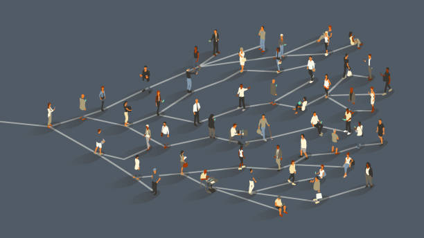 Network effect A group of approximately 50 people illustrate the concept of the network effect, or viral growth, as they stand on branch-like lines radiating from a single source. Beginning with one woman, a message or idea branches to two additional people, and so on, ultimately effecting a large crowd. Diverse men and women use digital devices, primarily smartphones. Isometric vector presented in a 16x9 artboard, over a slate gray background. exponential concept stock illustrations
