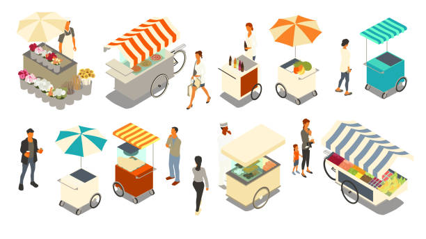 Pushcart vendors 10 merchants and customers are seen with a diverse set of vendor pushcarts, with brightly-colored awnings and umbrellas. In this marketplace, you can buy flowers, pizza, soda, tropical desserts, popcorn, baked goods, and fruit at the produce cart. Vector illustration presented in isometric view within a 16x9 artboard over a white background. pizza place stock illustrations