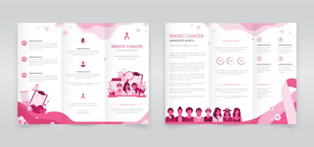 Vector illustration of Trifold brochure, pamphlet, triptych leaflet or flyer template which shows the importance of early detection and proper treatments in women's health issues such as breast cancer