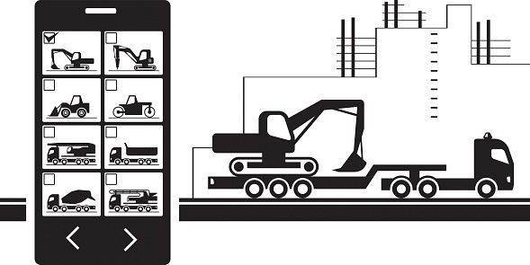 Heavy construction machinery on rent – vector illustration