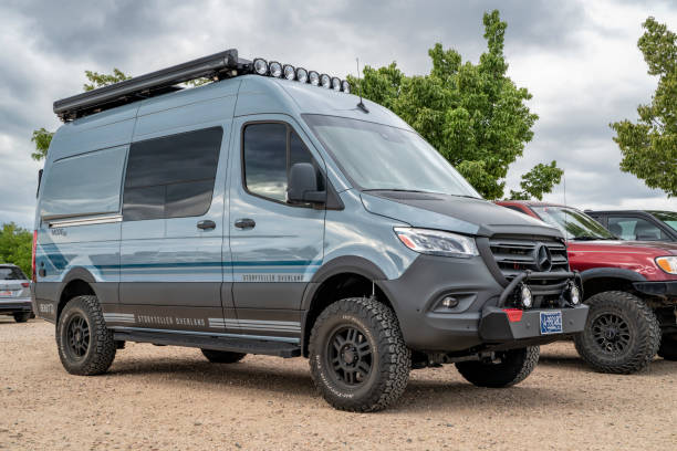 Loveland, CO, USA - August 25, 2023: Storyteller Overland Beast Mode, 4x4 camper van on Mercedes Sprinter chassis.