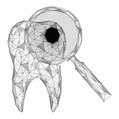 Detection of dental caries, a tooth under a magnifying glass. Low-poly design of interconnected lines and dots. White background.