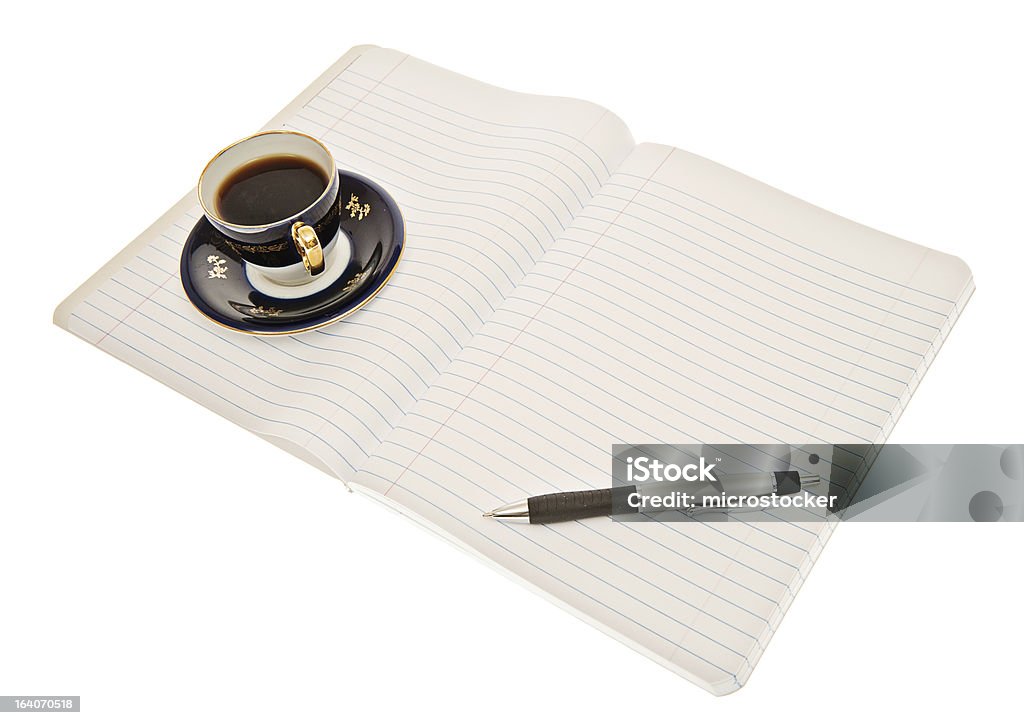 Foderata di carta con penna e tazza di caffè espresso - Foto stock royalty-free di Affari