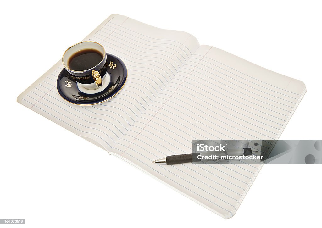 線入り用紙パッド、ペン、コーヒーカップのエクプレッソ - からっぽのロイヤリティフリーストックフォト