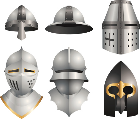 Six helmets ranging from early medieval to renaissance styles.
