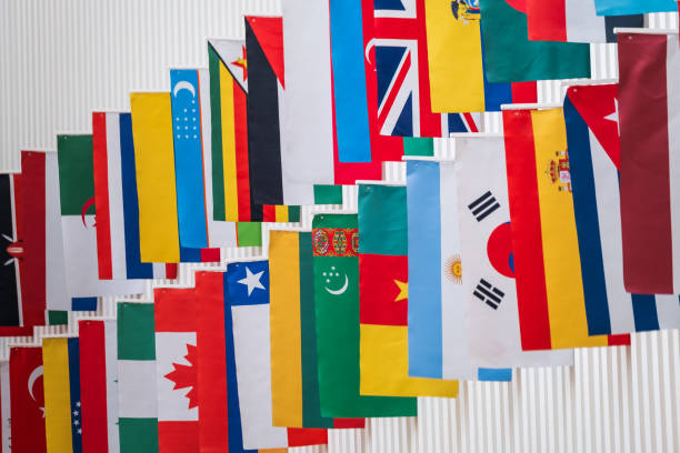 istock Flag of different countries hanging on wall 1640726889
