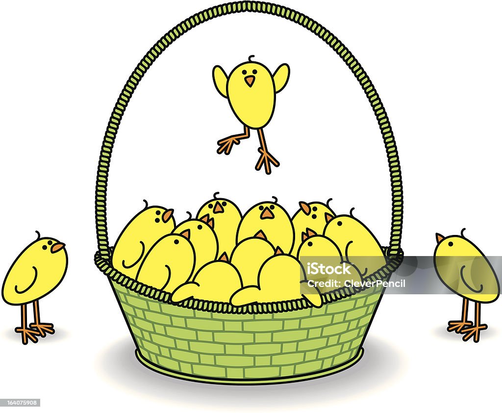 Pollos en una cesta con una del salto del verde - arte vectorial de Pollito libre de derechos