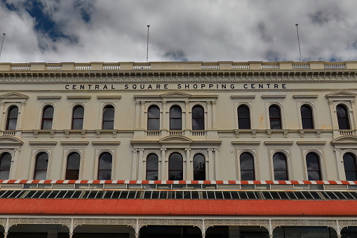 Ballarat, Australia-October 21, 2018: The Central Square Shopping Centre occupies a three-story Classical Revival style building with arcade on sidewalk from AD1870, Strut and Armstrong streets corner