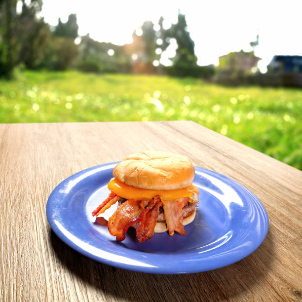 Burger plate on outdoor wooden picnic table